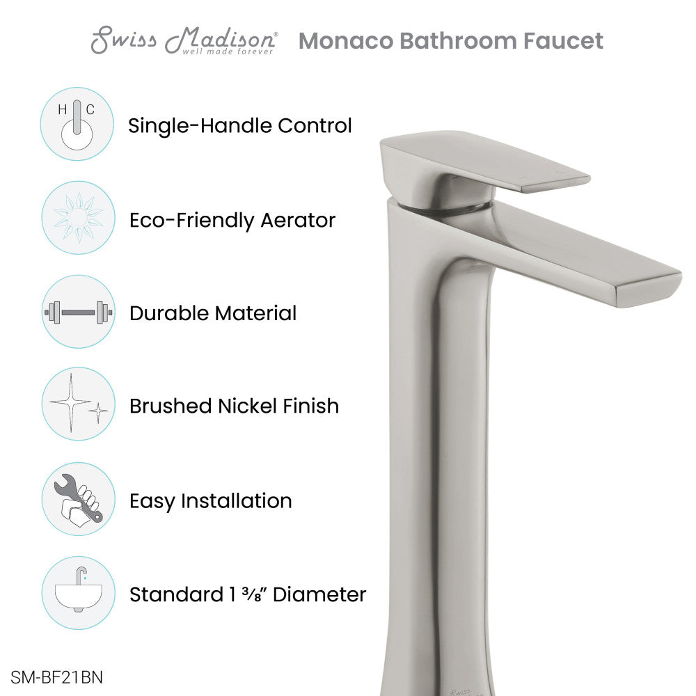 Monaco Single Hole, Single-Handle, High Arc Bathroom Faucet in Brushed Nickel