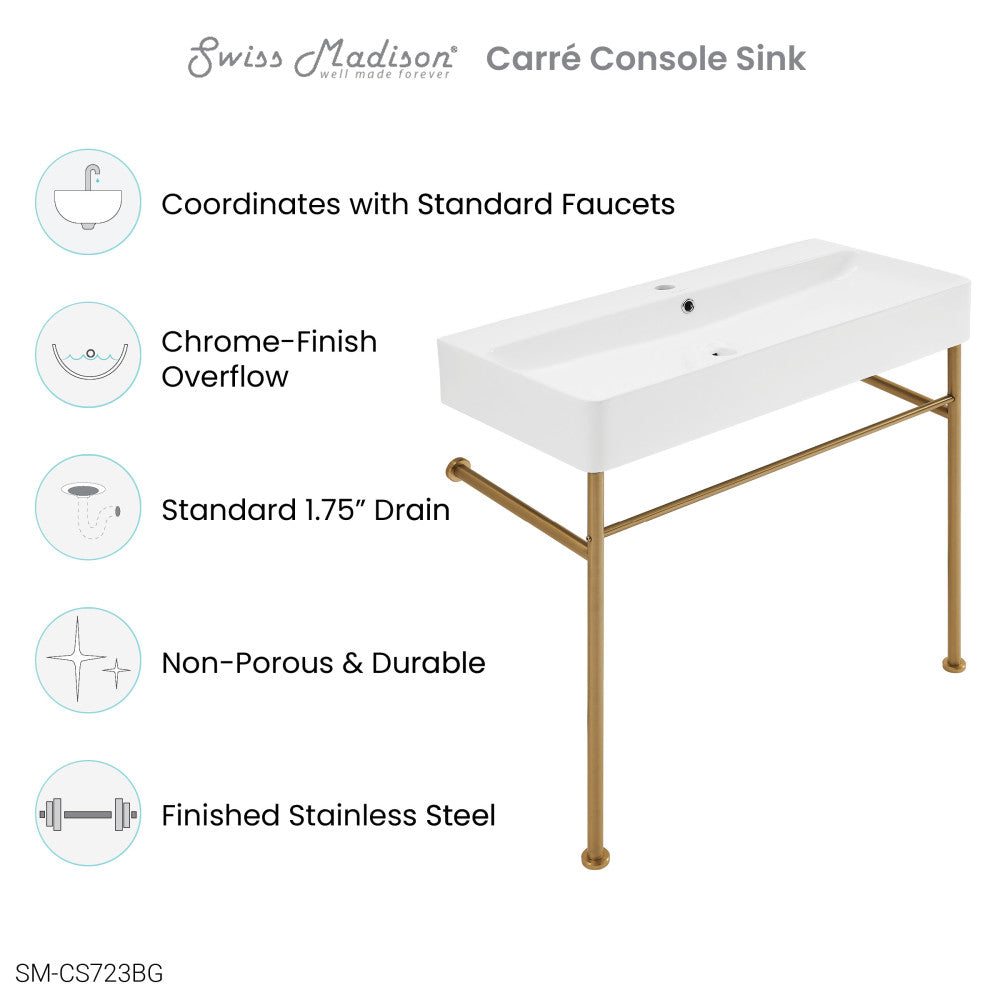 Carre 36 Ceramic Console Sink White Basin Brushed Gold Legs