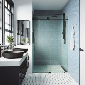 VIGO Adjustable 68-72" W x 76" H Elan Cass Aerodynamic Frameless Sliding Shower Door with Clear Tempered Glass, Reversible Door Handle and Stainless Steel Hardware in Matte Black-VG6044MBCL7276