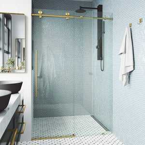 VIGO Adjustable 64-68" W x 76" H Elan E-Class Frameless Sliding Rectangle Shower Door with Clear Tempered Glass, Reversible Door Handle and Stainless Steel Hardware in Chrome-VG6021CHCL6876