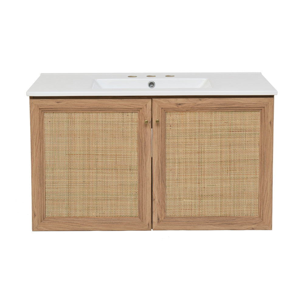 Classe 36 in. Brown Oak Wall Hung Bathroom Vanity With White, 3-Hole Ceramic Sink Top