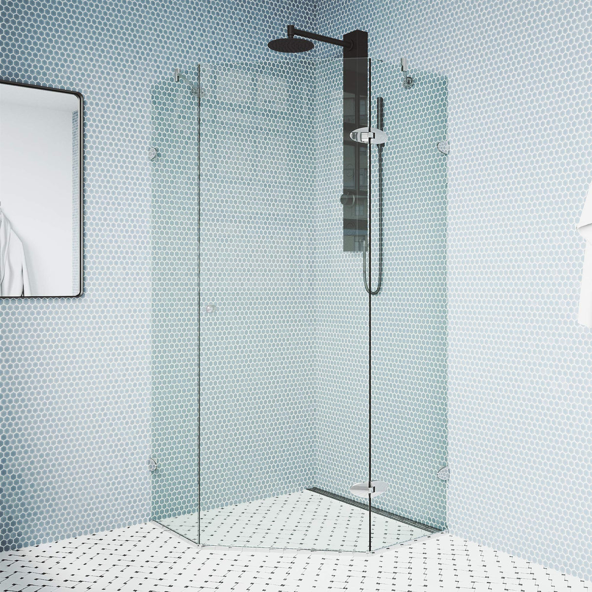 VIGO VG6061CHCL38 36.13" -36.13" W -73.38" H Frameless Hinged Neo-angle Shower Enclosure with Clear 0.38" Tempered Glass and Stainless Steel Hardware in Chrome Finish with Reversible Handle