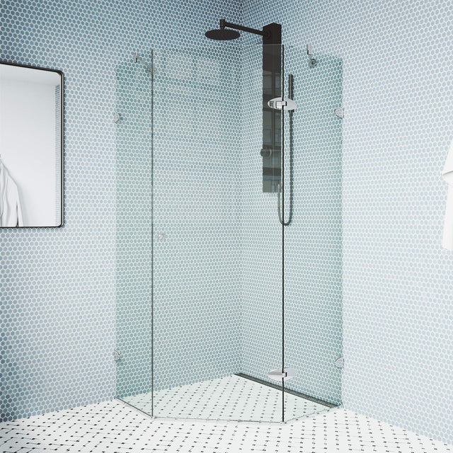 VIGO VG6061CHCL38 36.13" -36.13" W -73.38" H Frameless Hinged Neo-angle Shower Enclosure with Clear 0.38" Tempered Glass and Stainless Steel Hardware in Chrome Finish with Reversible Handle