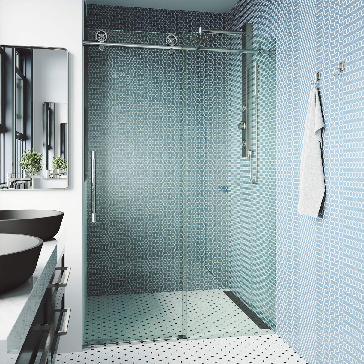 VIGO Adjustable 68-72 in. W x 76 in. H Elan Cass Frameless Glass Shower Door with Aerodynamic Shower Glass Door Chrome Shower Kit Complete and Door Glass Sliding Door - VG6044CHCL7276