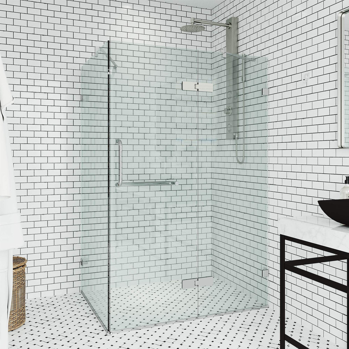VIGO 30 in. x 46 in. x 73 in. Monteray Frameless Hinged Rectangle Shower Enclosure with Clear 0.38" Tempered Glass and Hardware in Chrome Finish with Reversible Handle - VG6011CHCL48