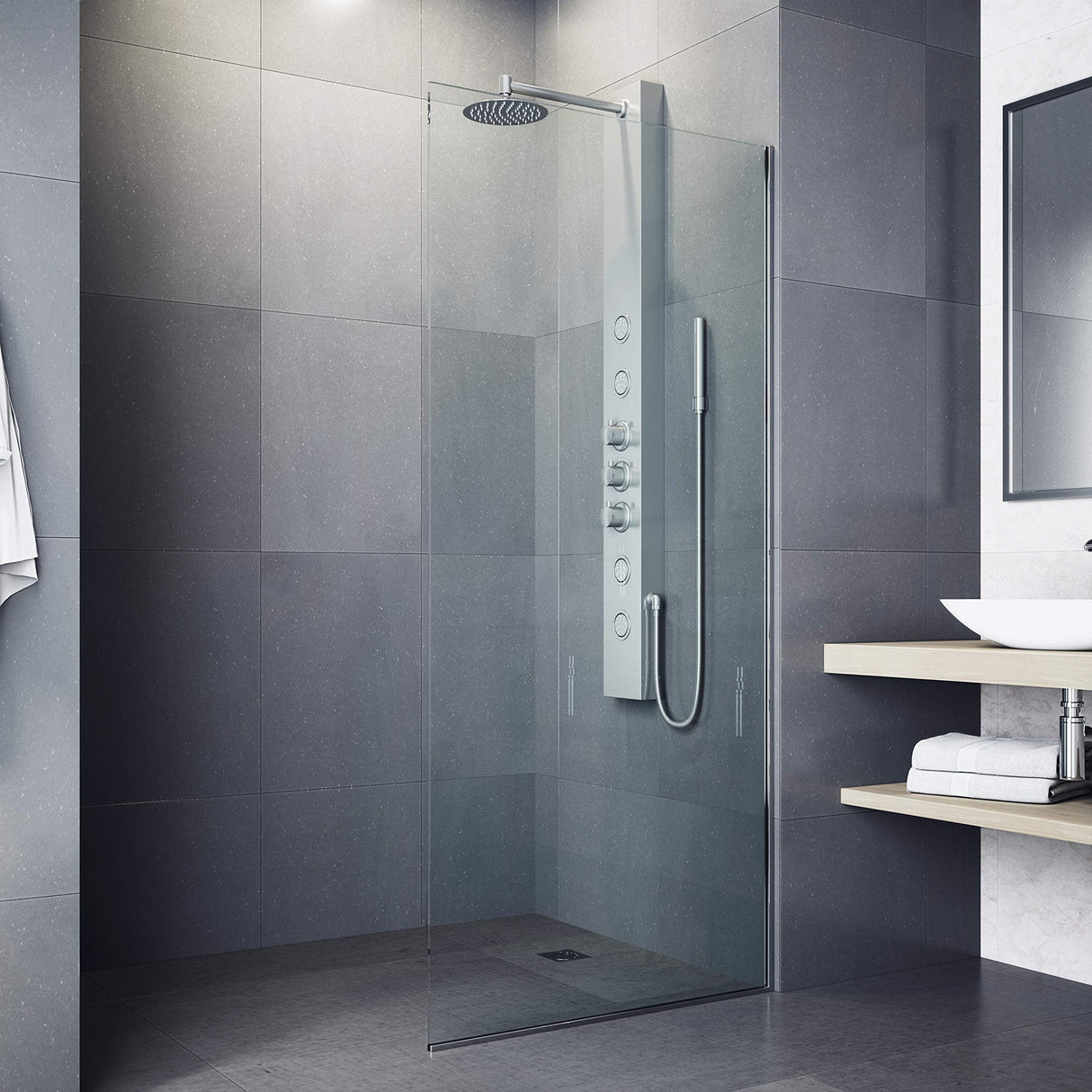 VIGO 20" W x 59" H Ellington 4-Jet Stainless Steel Shower Panel, Thermostatic, Volume, Dual Function Control Type and Handheld Showerhead - VG08013ST