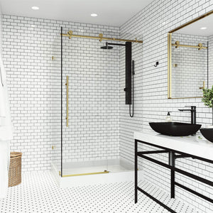 VIGO 48"W x 82"H Elan E-Class Frameless Sliding Rectangle Shower Enclosure with Clear Tempered Glass, Left Door Handle and Stainless Steel Hardware in Matte Brushed Gold and Right Base -VG6053MGCL48WR