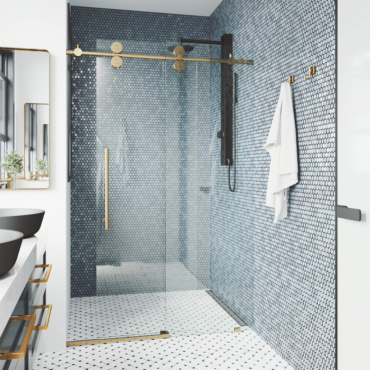 VIGO Adjustable 44-48" W x 74" H Elan Frameless Sliding Shower Door with Clear Tempered Glass, Reversible Handle in Matte Brushed Gold