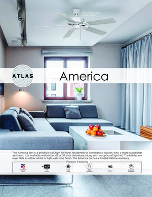 Matthews Fan AM-USA-WH-52-LK America 3-speed ceiling fan in gloss white finish with 52" white blades and light kit (2 x GU24 Socket). Assembled in USA.