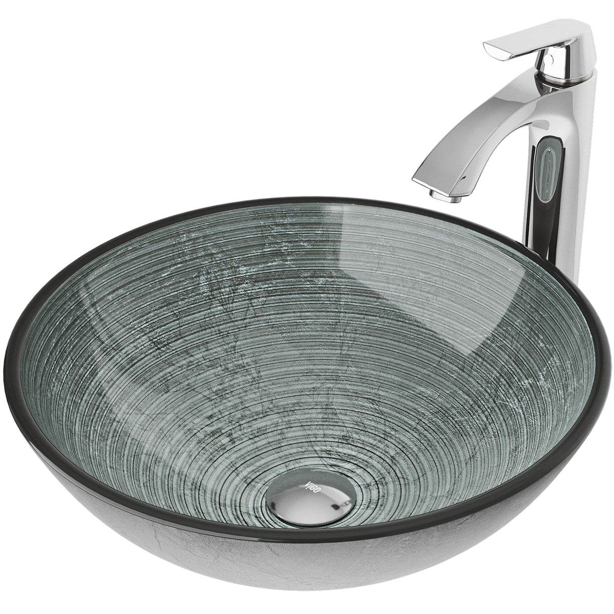 VIGO VGT839 16.5" L -16.5" W -12.38" H Handmade Glass Round Vessel Bathroom Sink Set in Simply Silver Finish with Chrome Single-Handle Single Hole Faucet and Pop Up Drain