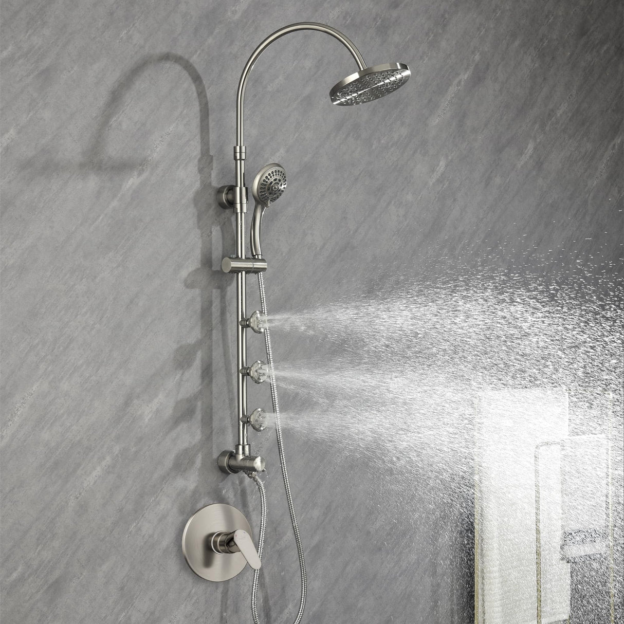 PULSE ShowerSpas 7001-BN Riviera Shower System with 8" Rain Showerhead, 3 Body Sprays, 5-Function Hand Shower, Brushed Nickel Finish