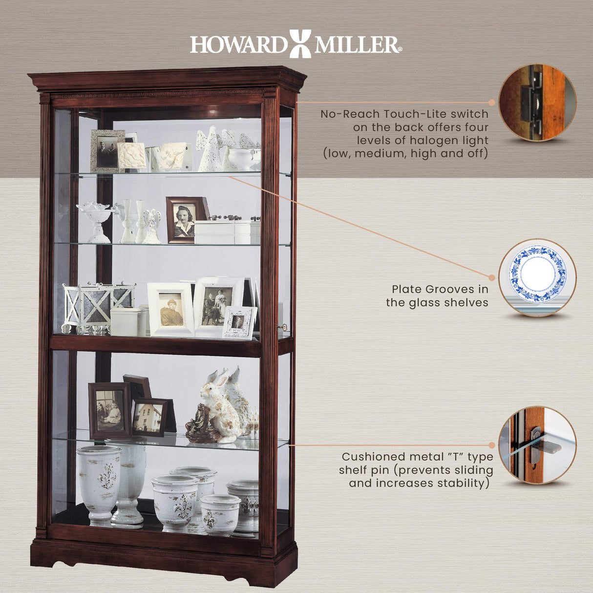 Howard Miller Dublin Curio Cabinet 680-337 - Windsor Cherry Finish Home Decor, Four Glass Shelves, Five Level Display Case with Locking Slide Door & Halogen Light