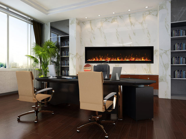 Amantii BI-60-SLIM-OD Panorama Slim Full View Smart Electric  - 60" Indoor /Outdoor WiFi Enabled Fireplace, featuring a MultiFunction Remote, Multi Speed Flame Motor, Glass Media & a Black Trim