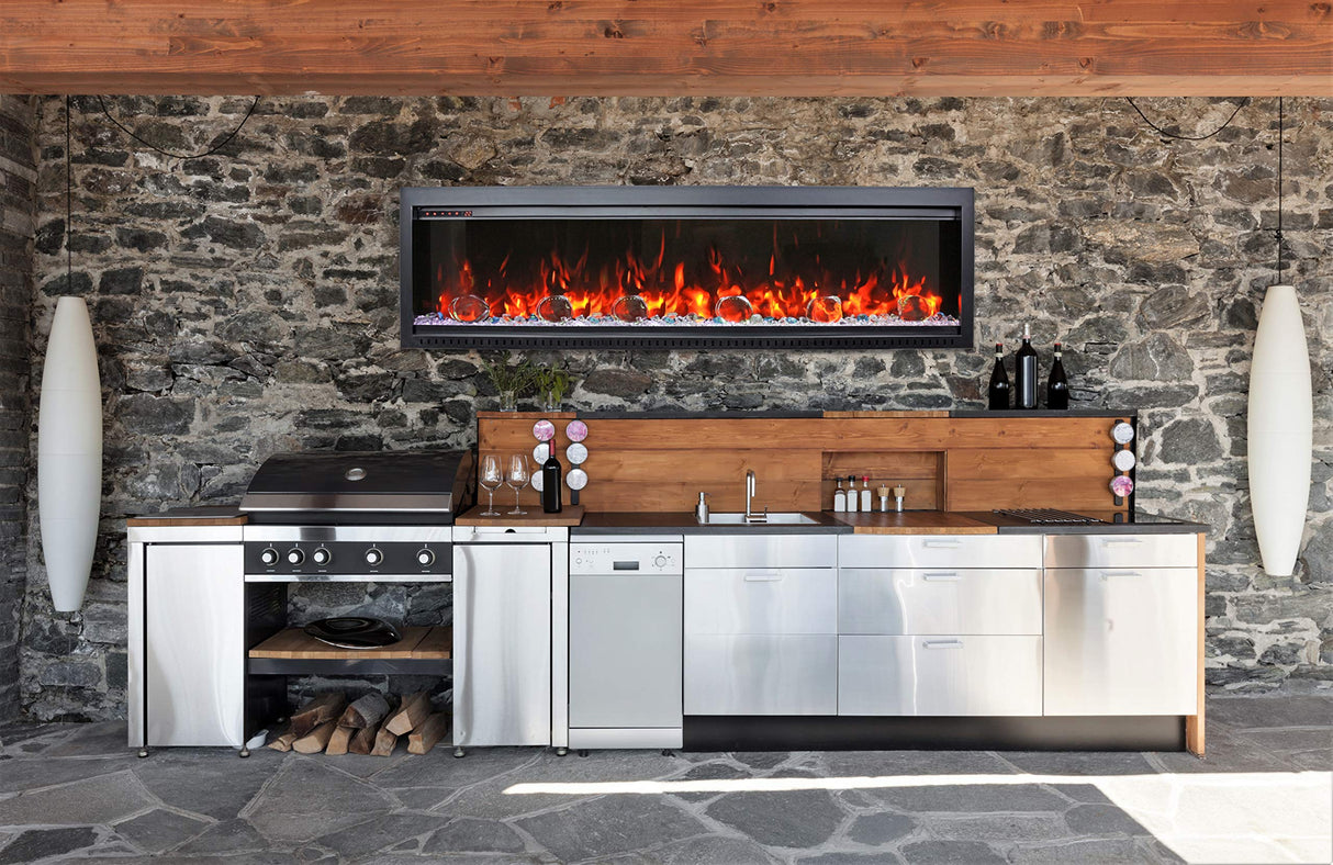 Amantii SYM-74-BESPOKE Symmetry Bespoke - 74" Indoor / Outdoor Electric Built In Fireplace featuring, WiFi Compatibilty & Bluetooth Connectivity, MultiFunction Remote, and a Selection of Media Options