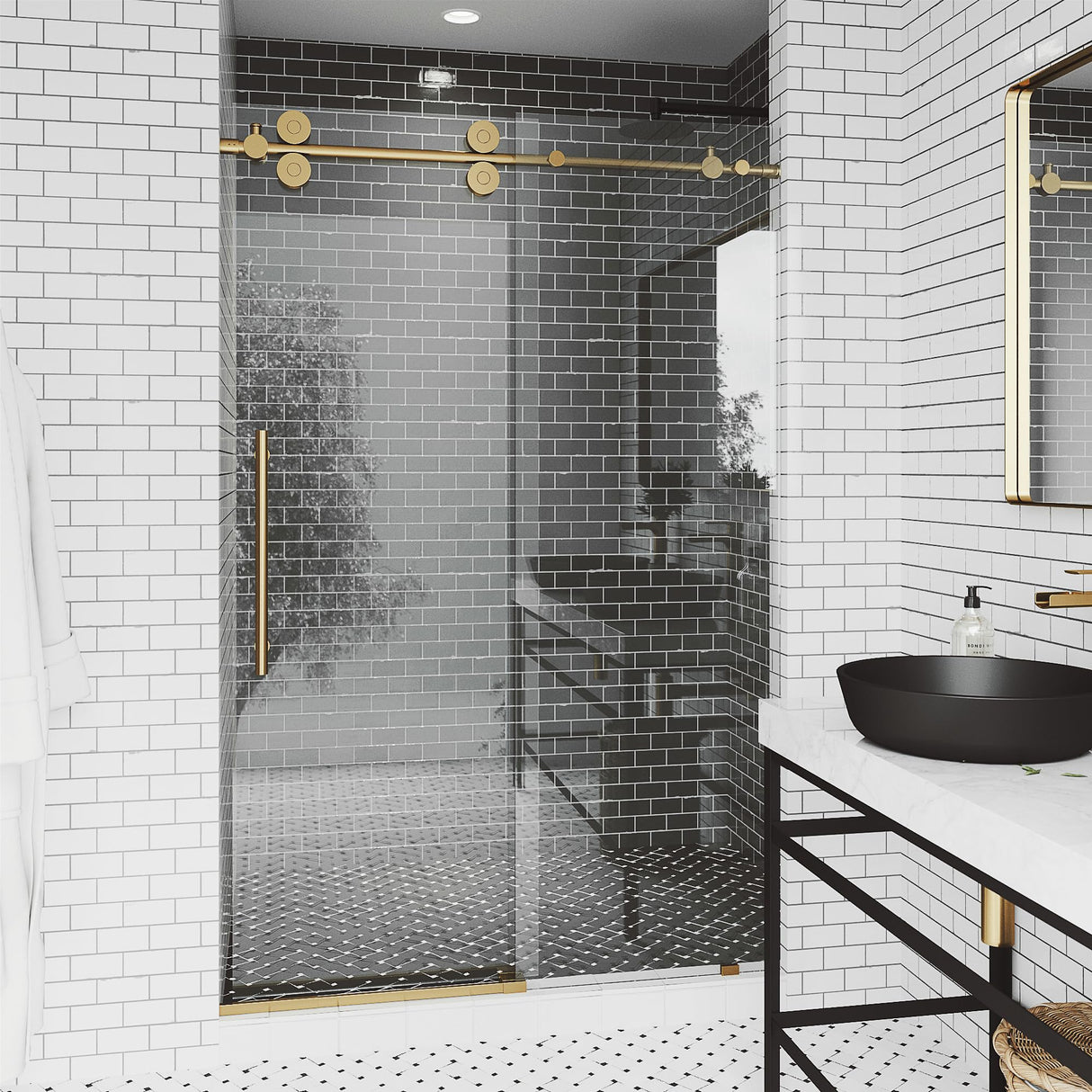 VIGO Adjustable 44-48" W x 74" H Elan Frameless Sliding Shower Door with Clear Tempered Glass, Reversible Handle in Matte Brushed Gold