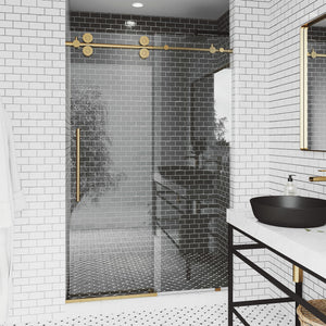 VIGO Adjustable 44-48" W x 74" H Elan Frameless Sliding Shower Door with Clear Tempered Glass, Reversible Handle in Matte Brushed Gold