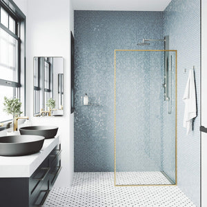 VIGO 34" W x 74" H Meridian Framed Fixed Rectangle Shower Screen with Clear Tempered Glass, Door Handle and Stainless Steel Hardware in Matte Brushed Gold-VG6077MGCL3474