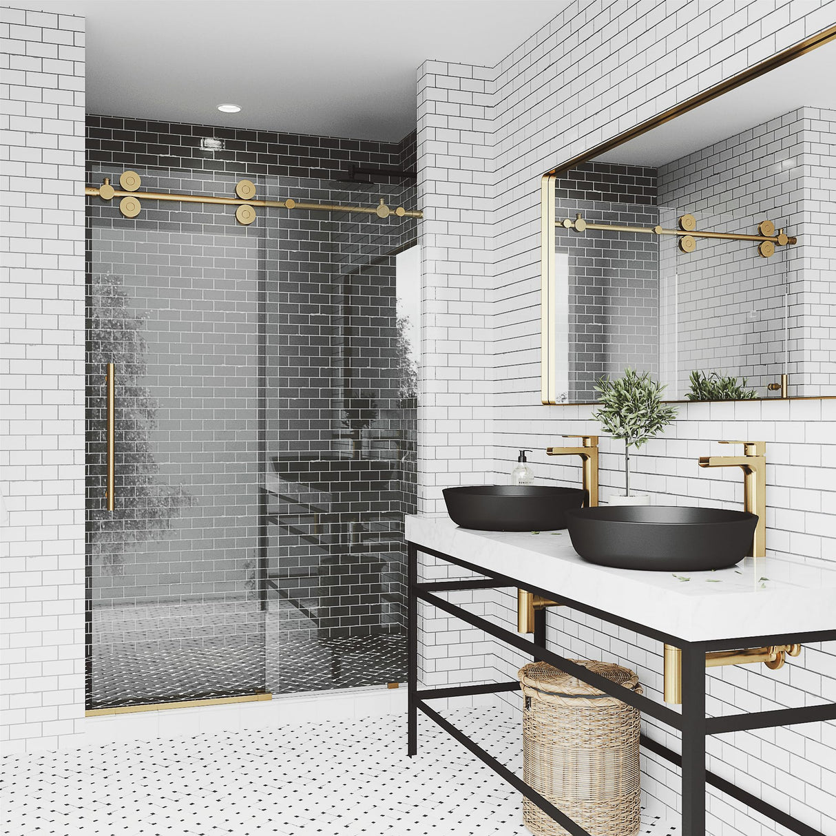 VIGO Adjustable 44-48" W x 74" H Elan Frameless Sliding Shower Door with Clear Tempered Glass, Reversible Handle in Matte Brushed Gold