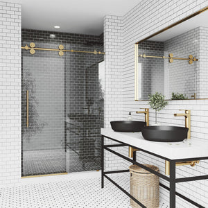 VIGO Adjustable 44-48" W x 74" H Elan Frameless Sliding Shower Door with Clear Tempered Glass, Reversible Handle in Matte Brushed Gold
