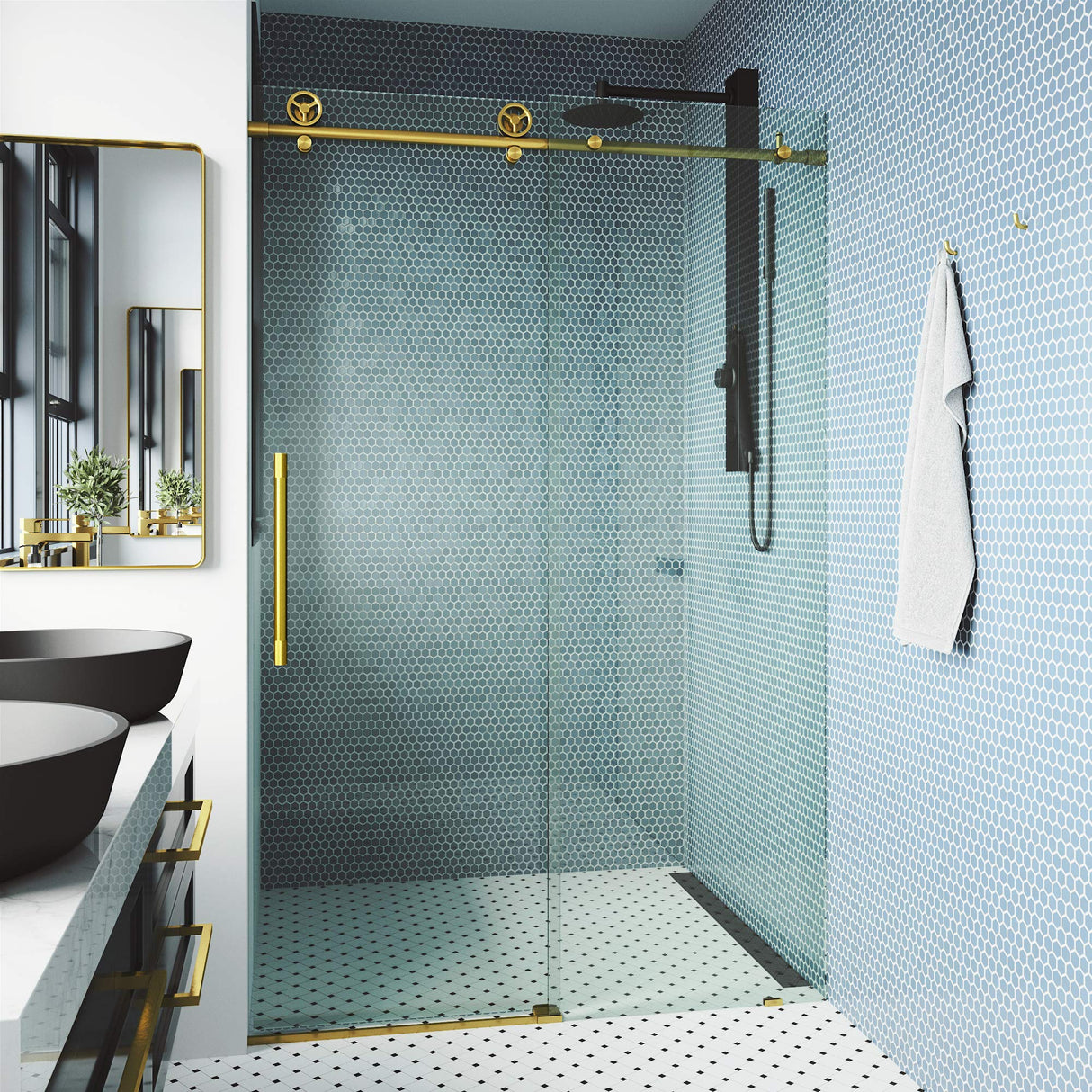 VIGO Adjustable 56-60"W x 76"H Elan Cass Aerodynamic Frameless Sliding Shower Door with Clear Tempered Glass, Reversible Door Handle and Stainless Steel Hardware in Matte Brushed Gold-VG6044MGCL6076