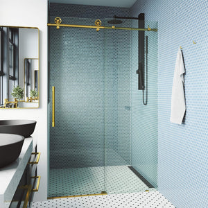 VIGO Adjustable 56-60"W x 76"H Elan Cass Aerodynamic Frameless Sliding Shower Door with Clear Tempered Glass, Reversible Door Handle and Stainless Steel Hardware in Matte Brushed Gold-VG6044MGCL6076