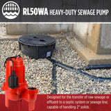 Red Lion RL50WA 115 Volt, 1/2 HP, 7200 GPH Sewage Pump with Piggyback Tethered Switch and 20-Ft. Power Cord, Red, 14942663
