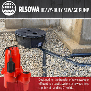 Red Lion RL50WA 115 Volt, 1/2 HP, 7200 GPH Sewage Pump with Piggyback Tethered Switch and 20-Ft. Power Cord, Red, 14942663
