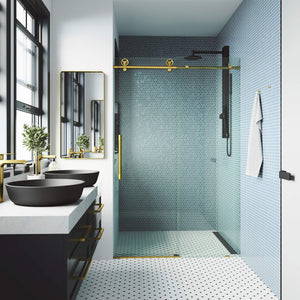 VIGO Adjustable 56-60"W x 76"H Elan Cass Aerodynamic Frameless Sliding Shower Door with Clear Tempered Glass, Reversible Door Handle and Stainless Steel Hardware in Matte Brushed Gold-VG6044MGCL6076