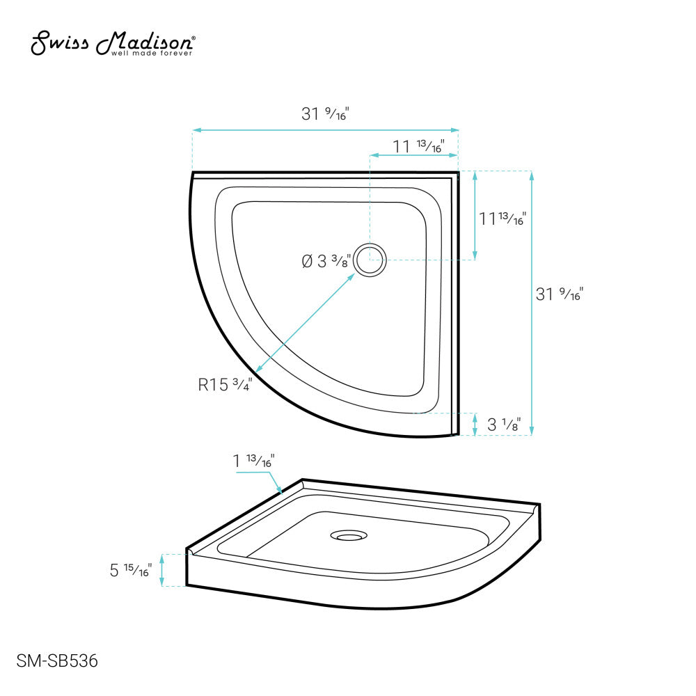 Voltaire 32 x 32 Acrylic White, Single-Threshold, Center Drain, Neo-angle Shower Base