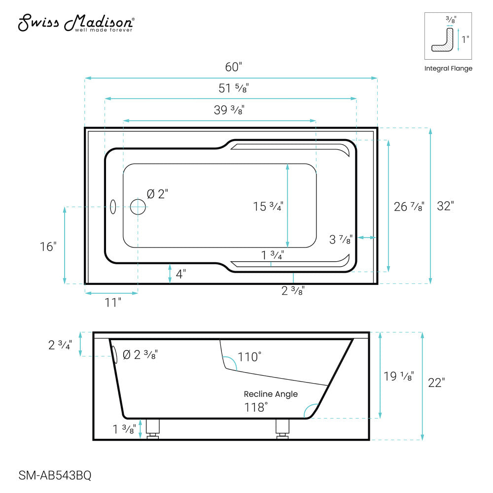 Voltaire 60" X 32" Left-Hand Drain Alcove Bathtub with Apron in Bisque