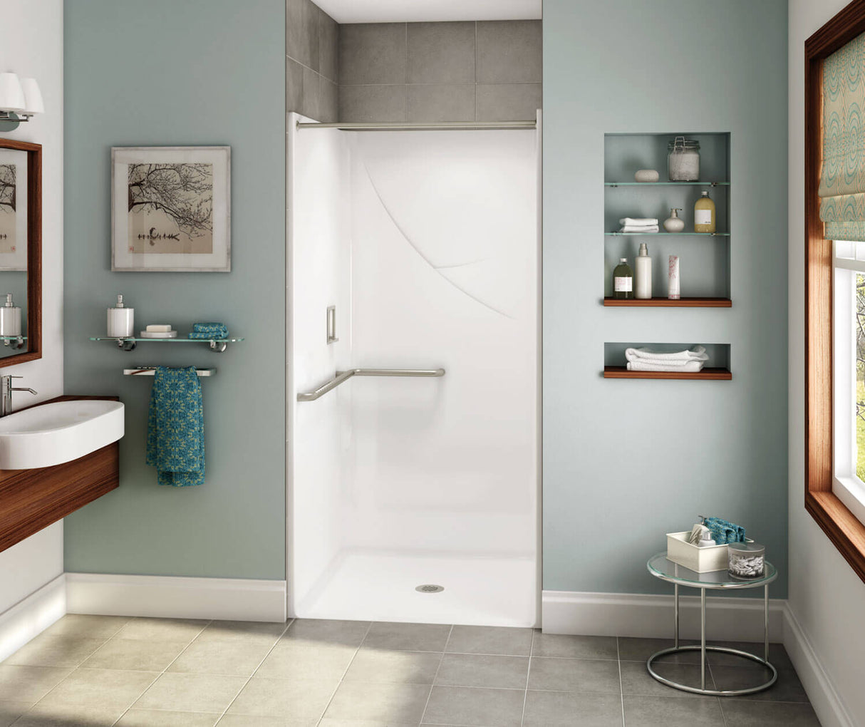 Aker OPS-3636-RS AcrylX Alcove Center Drain One-Piece Shower in Sterling Silver - L-shaped Grab Bar