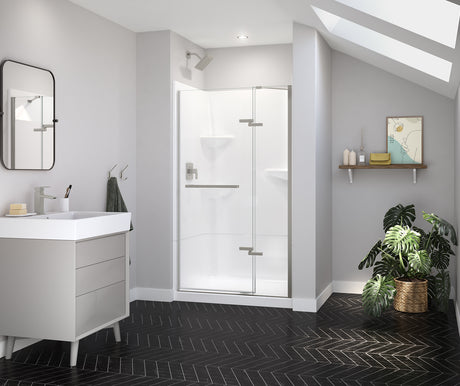MAAX 139577-900-305-000 Reveal Sleek 71 41 ½-44 ½ x 71 ½ in. 8mm Pivot Shower Door for Alcove Installation with Clear glass in Brushed Nickel