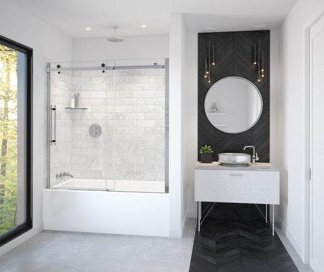 MAAX 138480-900-350-000 Vela 56 ½-59 x 59 in. 8 mm Sliding Tub Door for Alcove Installation with Clear glass in Chrome and Matte Black