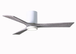 Matthews Fan IR3HLK-WH-BW-52 Irene-3HLK three-blade flush mount paddle fan in Gloss White finish with 52” solid barn wood tone blades and integrated LED light kit.