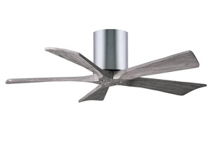 Matthews Fan IR5H-CR-BW-42 Irene-5H five-blade flush mount paddle fan in Polished Chrome finish with 42” solid barn wood tone blades. 