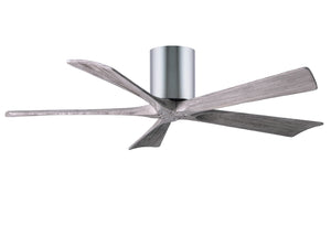 Matthews Fan IR5H-CR-BW-52 Irene-5H five-blade flush mount paddle fan in Polished Chrome finish with 52” solid barn wood tone blades. 