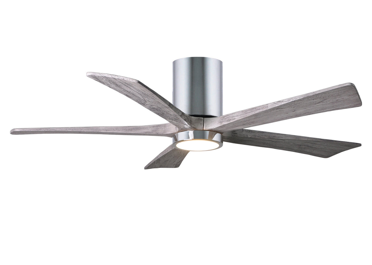 Matthews Fan IR5HLK-CR-BW-52 IR5HLK five-blade flush mount paddle fan in Polished Chrome finish with 52” solid barn wood tone blades and integrated LED light kit.