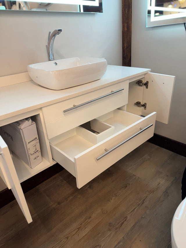48" Floating White Vanity Set with Quartz Top, Ceramic Vessel Sink, and Chrome Vessel Faucet