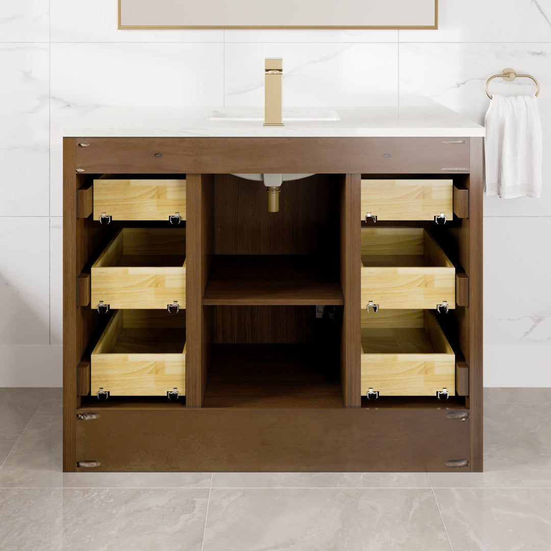 Curio 42 in. Walnut Single Sink Bath Vanity with Carrara Quartz Top and Undermount Porcelain Sink