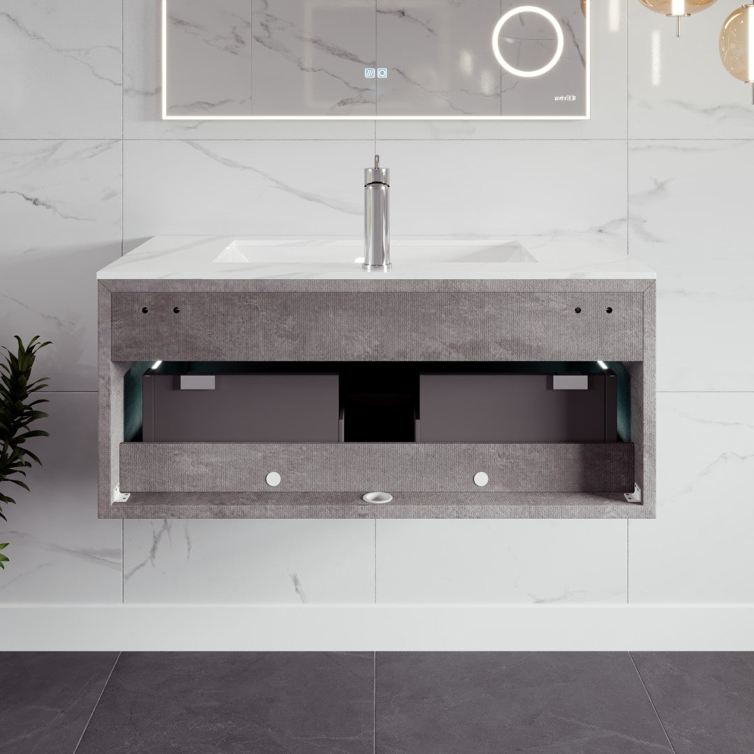 Aurora 36 in. Concrete Gray Wall Mount Single Sink Bath Vanity with Carrara Quartz Top and Undermount Porcelain Sink