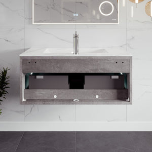 Aurora 36 in. Concrete Gray Wall Mount Single Sink Bath Vanity with Carrara Quartz Top and Undermount Porcelain Sink