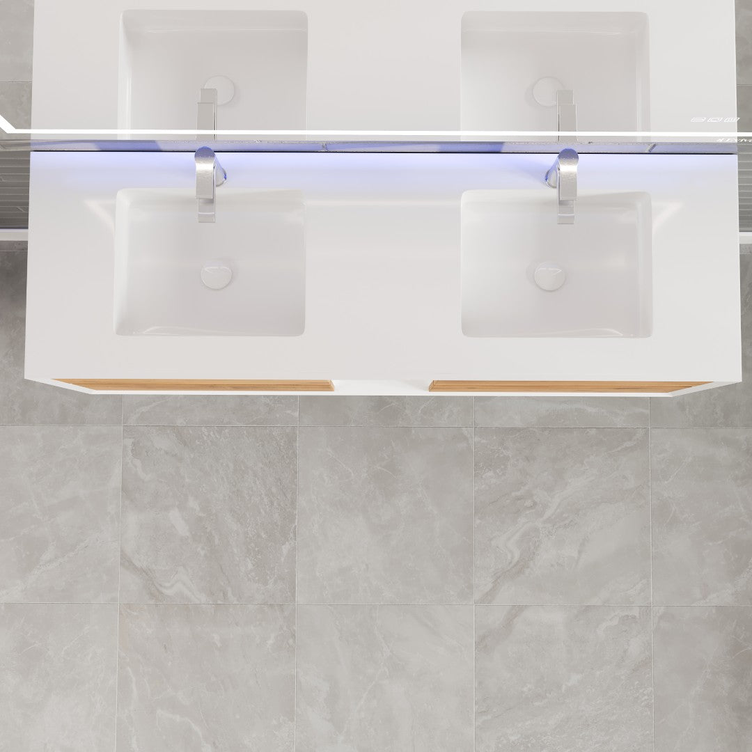 Vienna 60 in. Oak Wall Mount Double Sink  Bath Vanity with Acrylic Top and Integrated Sinks
