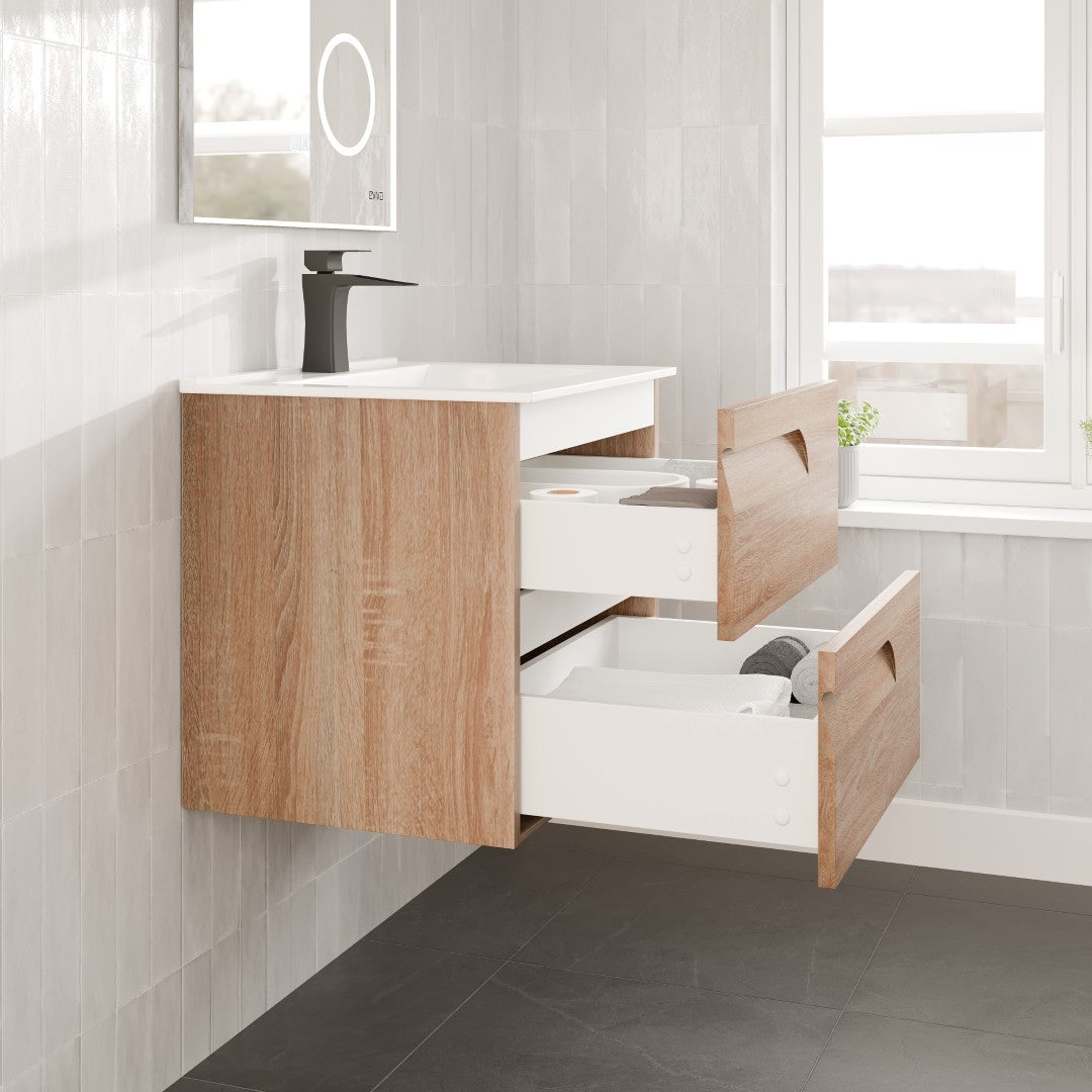 Joy 24 in. Maple Wall Mount Single Sink Bath Vanity with Porcelain Top and Integrated Sink