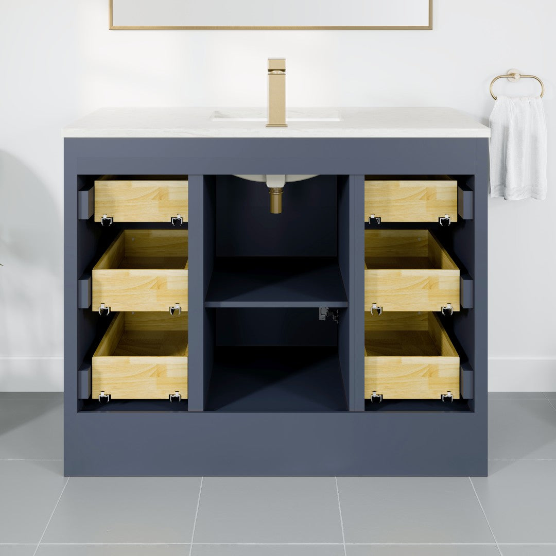 Curio 42 in. Dark Blue Single Sink Bath Vanity with Carrara Quartz Top and Undermount Porcelain Sink