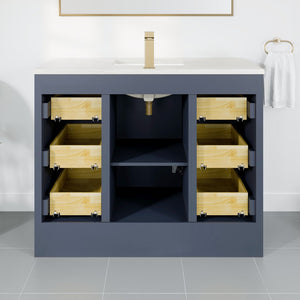 Curio 42 in. Dark Blue Single Sink Bath Vanity with Carrara Quartz Top and Undermount Porcelain Sink