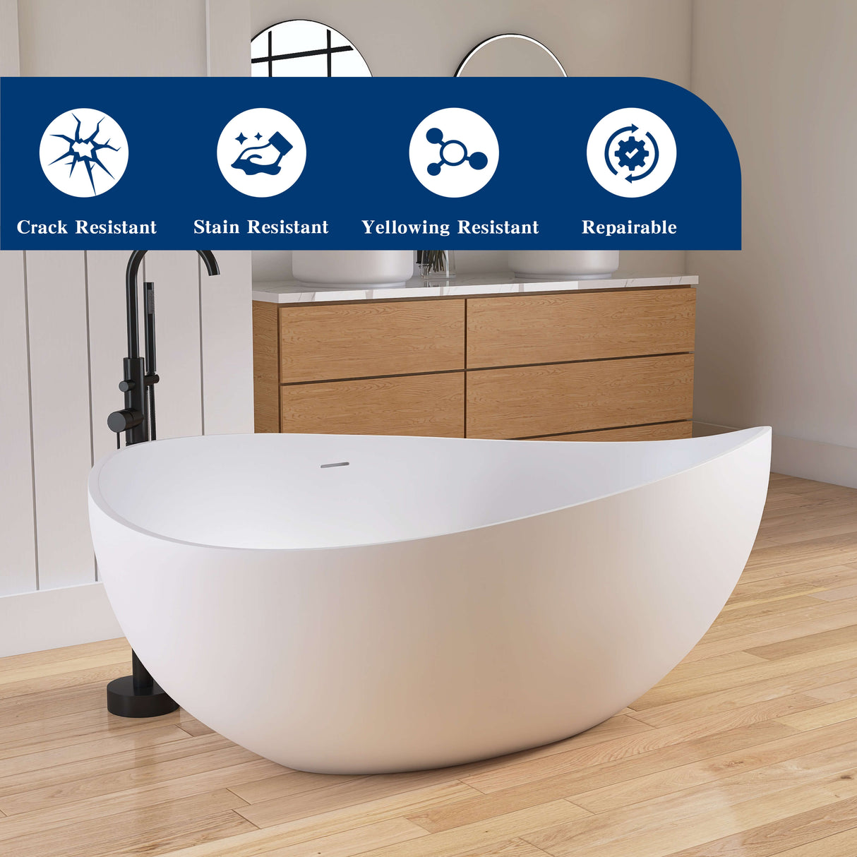 New England Home Goods K 63" Freestanding Tub in White - Stone Resin Solid Surface