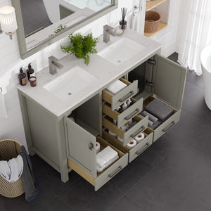 London 54 in. Gray Double Sink  Bath Vanity with Carrara Quartz Top and Undermount Porcelain Sinks