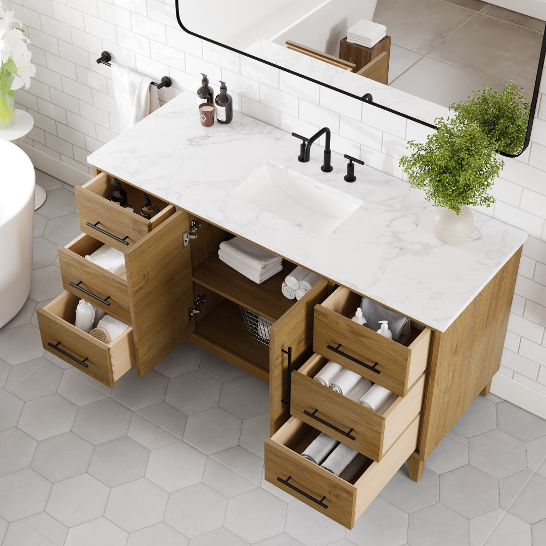 Graham 60 in. Oak Single Sink Bath Vanity with Arabescato Engineered Stone Top and Undermount Porcelain Sink