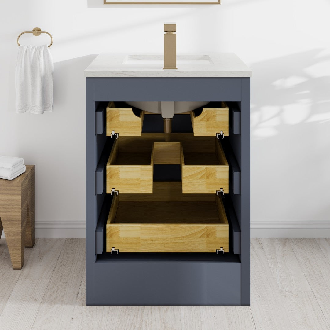 Curio 24 in. Dark Blue Single Sink Bath Vanity with Carrara Quartz Top and Undermount Porcelain Sink