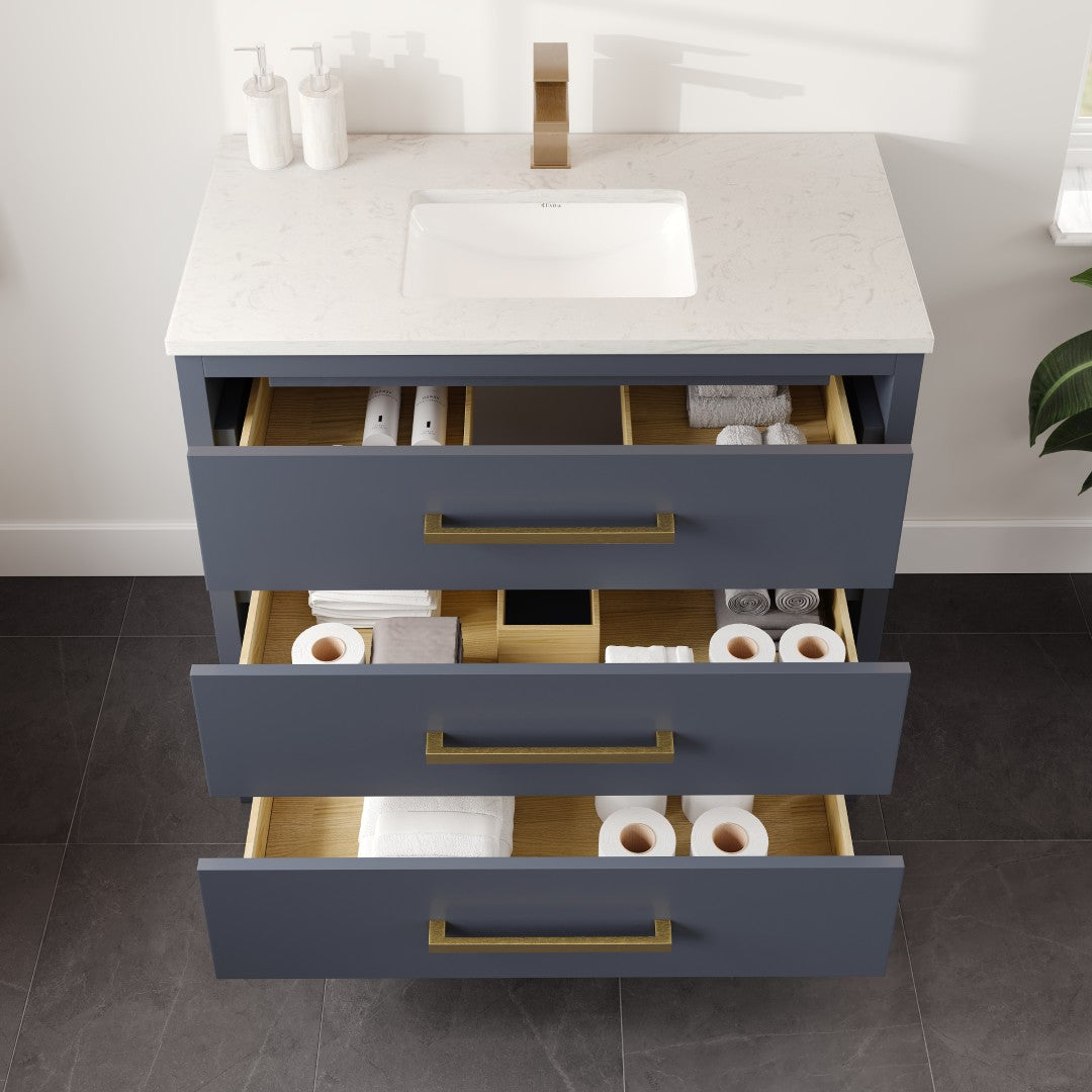 Curio 36 in. Dark Blue Single Sink Bath Vanity with Carrara Quartz Top and Undermount Porcelain Sink